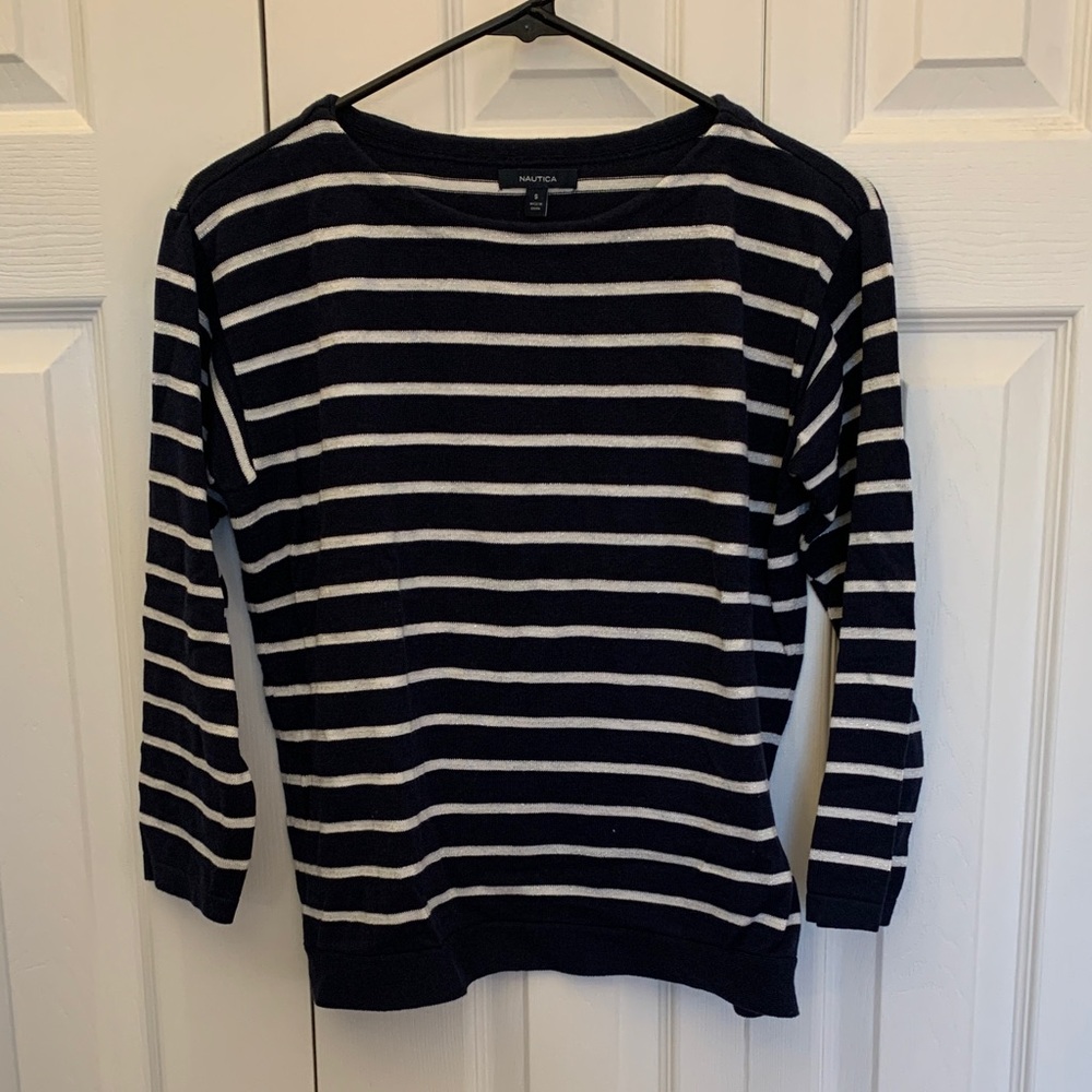 Nautica Women's Navy and White Striped Sweater